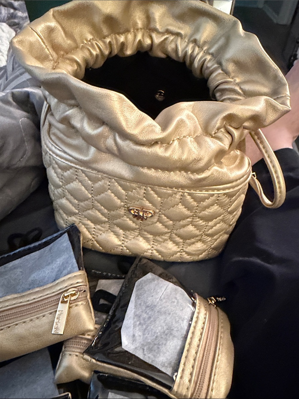 Gold Quilted Drawstring Bucket Bag - Women's Fashion Purse jewelry carrier